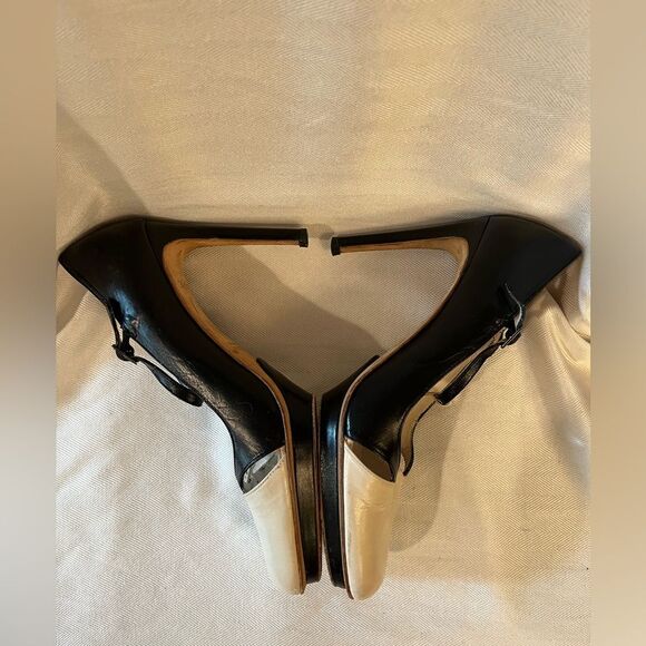 Retro Bebe Pin-Up T-strap Mary Jane black & cream pumps slight platform SZ 7.5 - Picture 7 of 12